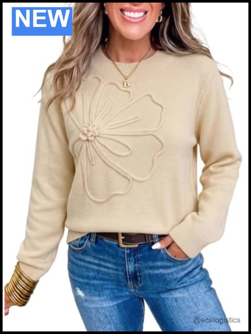 Dokotoo Women's Fall Sweater Crew Neck Flower Knit Pullover Cute Outfits